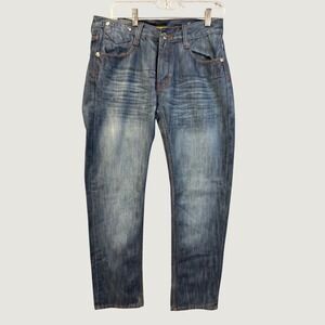 Chams Premium Mens Blue Denim Straight Leg Jeans Size 32 Medium Wash Whiskered